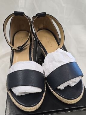 Talbots Indigo Navy Leather Espadrille Wedge Sandals with Ankle Strap